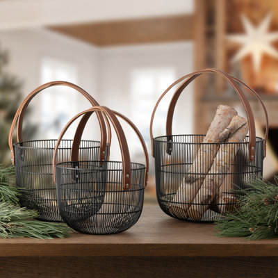 Mission Wire Faux Leather Handle Baskets (Set of 3)