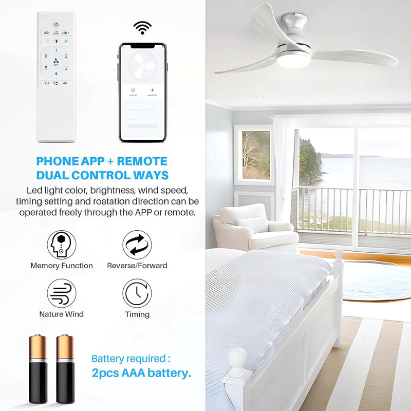 52 Inch Modern Ceiling Fan With 3 Color Dimmable Solid Wood  Blades Remote Control Reversible Dc Motor For Bedroom, Silver