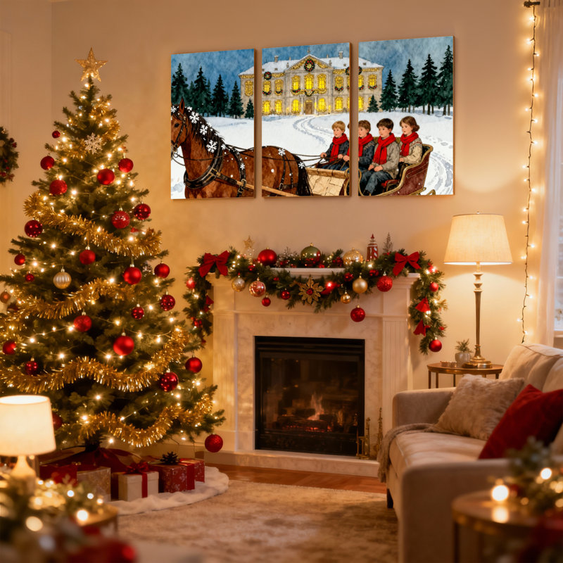 Ensemble de 3 reproductions d'art sur toile de Noël en traîneau, H 24 po x l 48 po