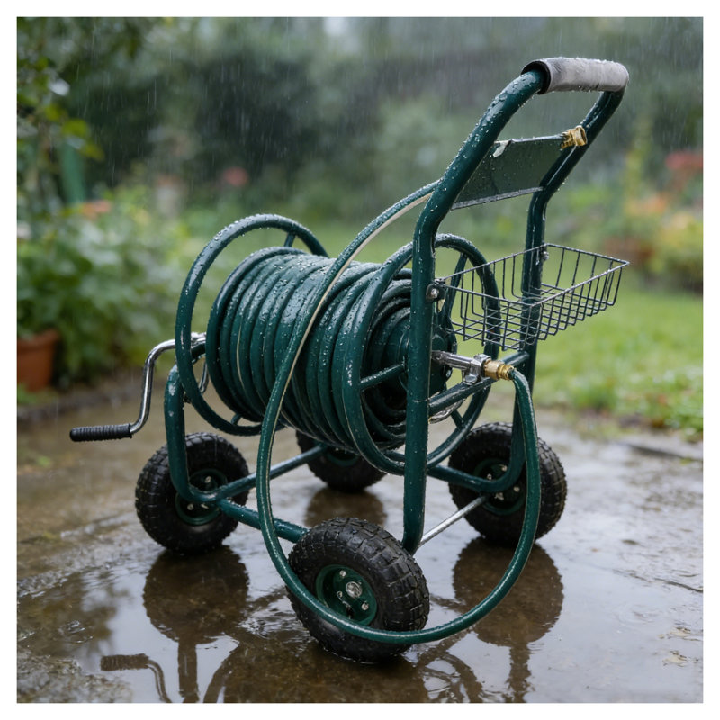 Chariot-enrouleur de boyau d'arrosage robuste avec panier de rangement - Support de boyau d'arrosage portable à 4 roues pour pelouse et patio