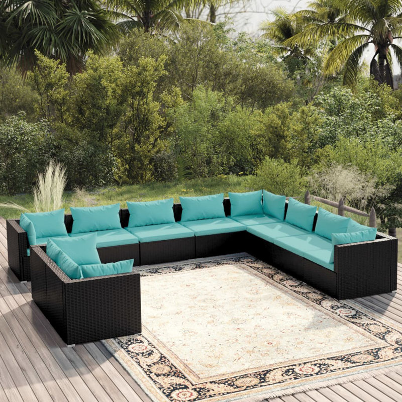 10 Piece Lounge Sofa Seating Group, Water Blue, Black
