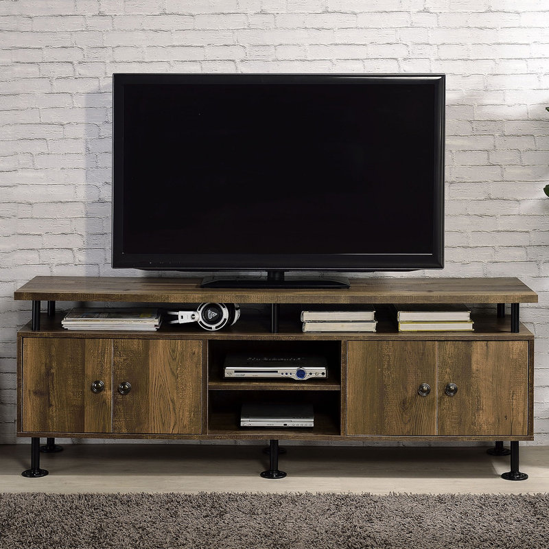 Meuble télé avec 4 compartiments ouverts, Noir / chêne / rustique
