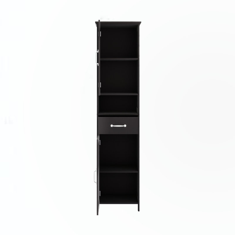 Double Door Narrow Height Slim Bathroom Storage Cabinet With 2 Adjustable Shelves, Black