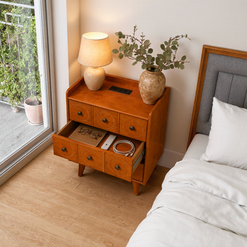 3-Drawer End Table with Charging Station, Bedside Table with Solid Wood Legs
