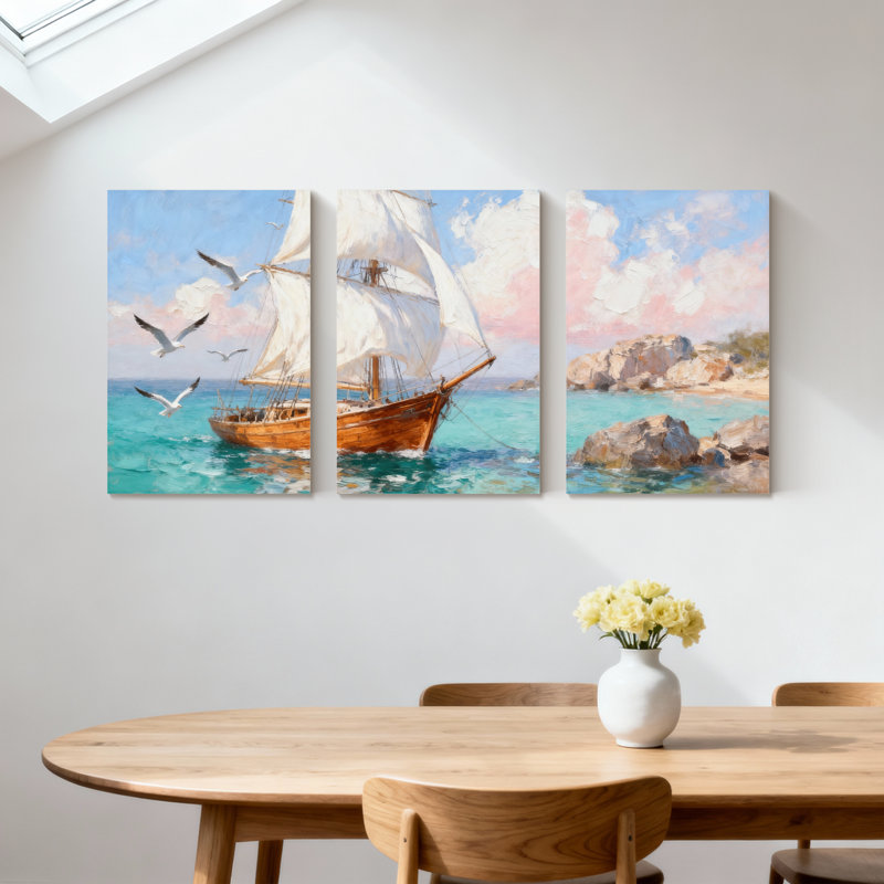 Nautique, voilier, mouettes, océan, roches, ciel, réflexion, ensemble de 3 impressions sur toile, H 24 po x l 48 po