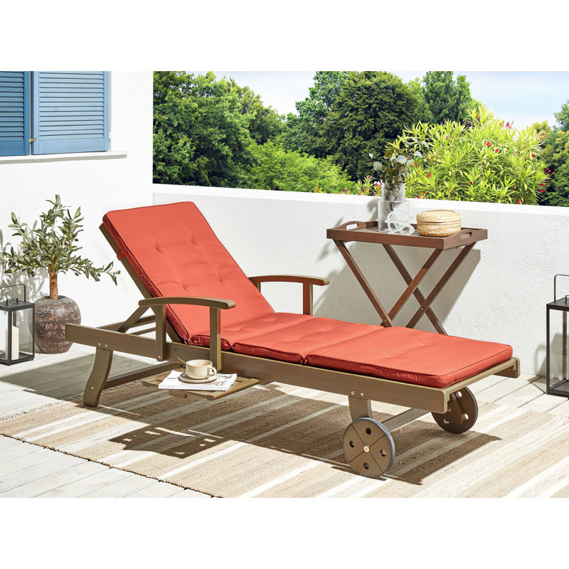 Kenneth 196cm Long Reclining Acacia Single Chaise with Cushions, Red