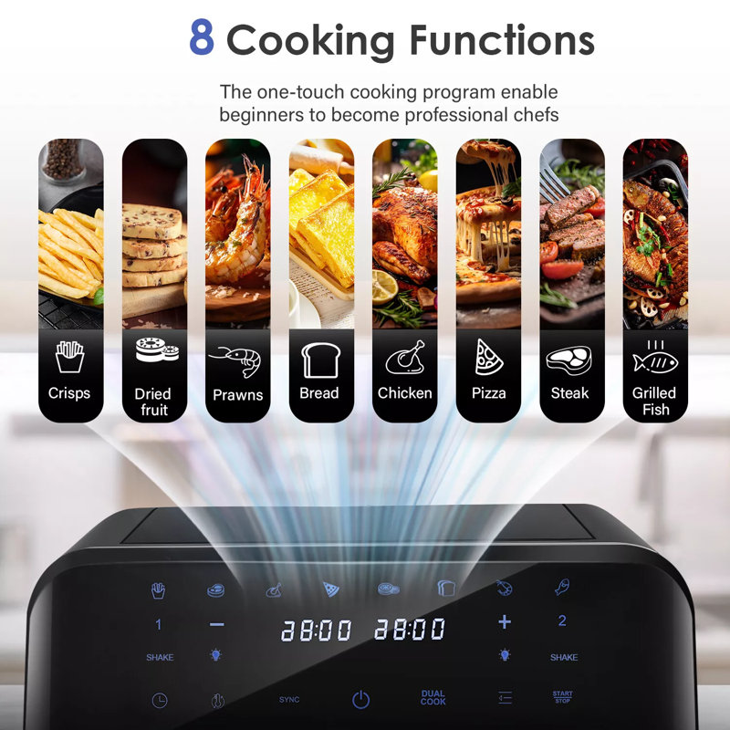 Oyajia 8-In-1 Air Fryer Double Digital Display Rapid Healthy Cooker Dual Basket 4.5L+4.5L For Home Use，Visual Observation Window, Smart Timer And Temperature Settings，8 Touch Screen Presets For Frying, Baking, Dehydrating, Roasting