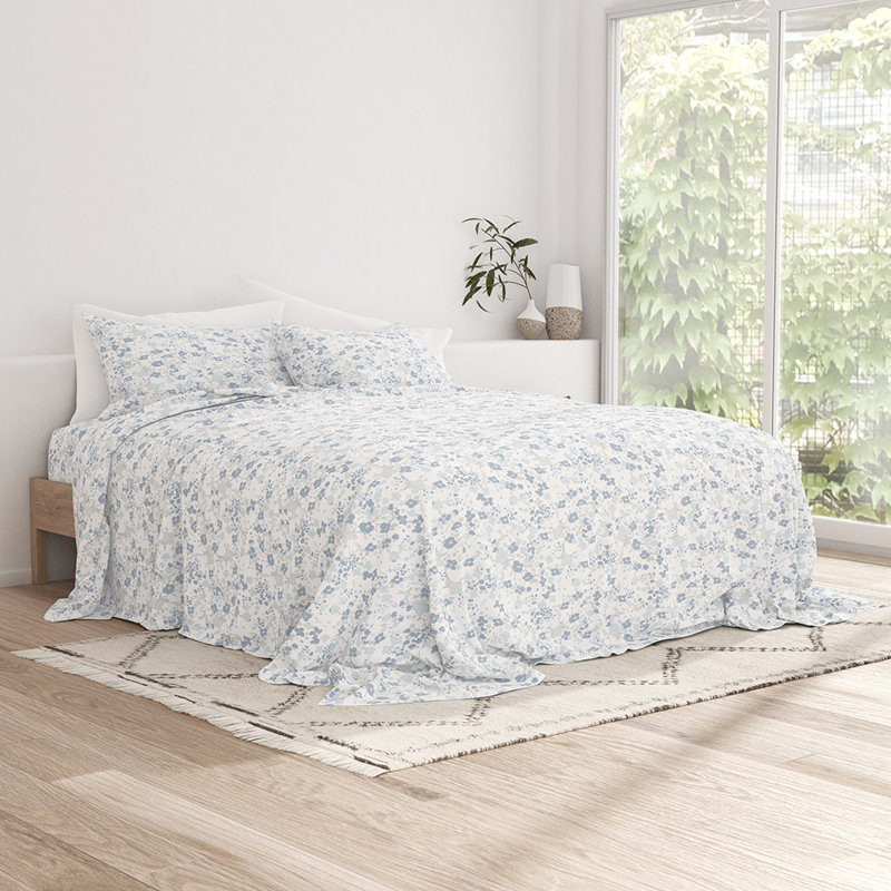 Sheet Set Solid Microfiber Ultra Soft Bedding, California King Sheet Set with 2 Pillowcases, Light Blue Floral 2