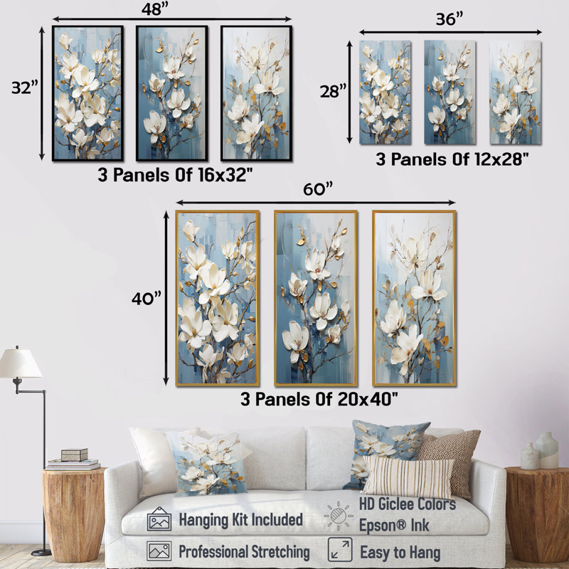 Élégant ensemble de 3 impressions sur toile Magnolias Serenity - Magnolias, Cadre flottant doré, H 32 po x l 48 po