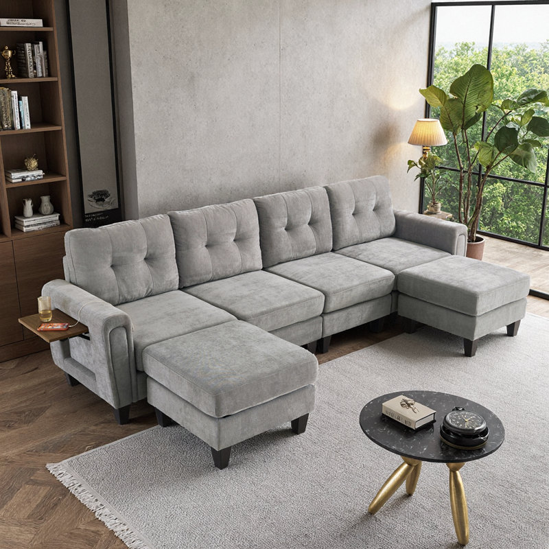Canapé modulaire moderne en forme de U - Modulaire avec repose-pieds, ports USB et tables d'appoint pliables, Gris