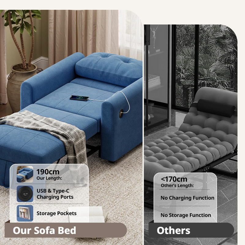 3 In 1 Accent Chairs Bed, Convertible Sleeper Chair Bed With Usb & Type-c Ports, Side Pocket, Pull Out Accent Chairs Bed Linen Armchair With Adjustable Backrest For Living Room/apartment/small Space