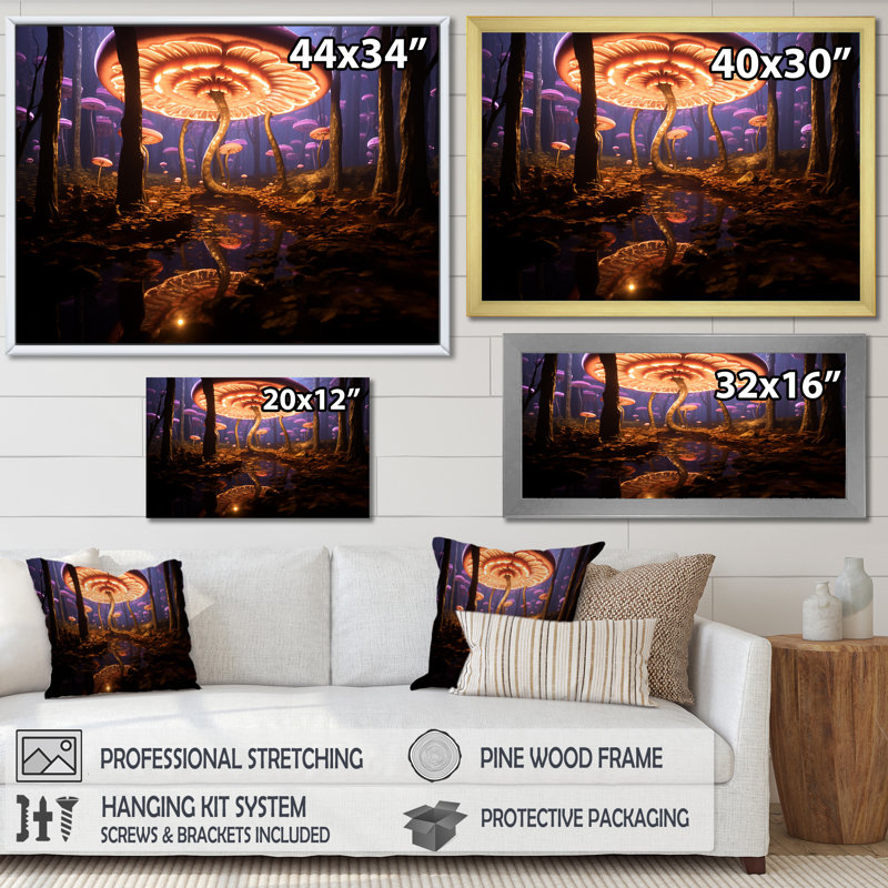 «Mauve Magical Mushroom in Enchanted Forest I», reproduction sur toile, Cadre flottant doré, 30" H x 40" W