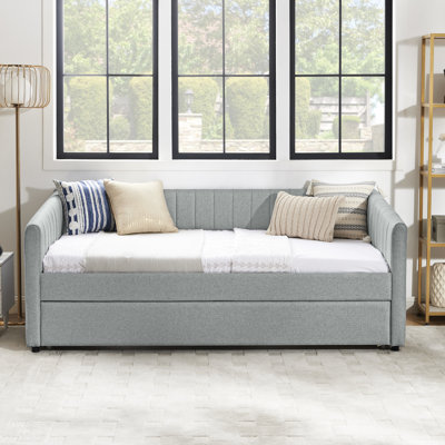 Twin Daybed With Trundle, Grey Linen, Vertical Stripes, 82.5"X43"X30", Comfortable Bed For Bedroom, Contemporary Minimalist Look, Speedy Assembly Linen Size Style, Straightforward