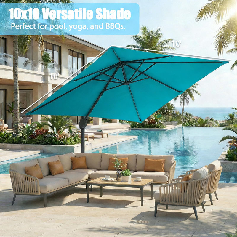 Parasol en porte-à-faux décalé 10 pi x 10 pi avec base, rotation à 360 ° pour la cour, la terrasse et la piscine, Bleu