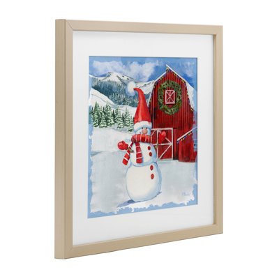 Frosty Barn Snowman, reproduction encadrée sous verre, conception de Paul Brent