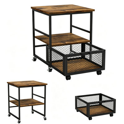 Mini support de réfrigérateur avec 3 rangements, petite table de réfrigérateur pour boissons 19,7 x 19,7 po avec roulettes, chariot à tiroir compact pour bureau à domicile, support pour imprimante, table basse en bois