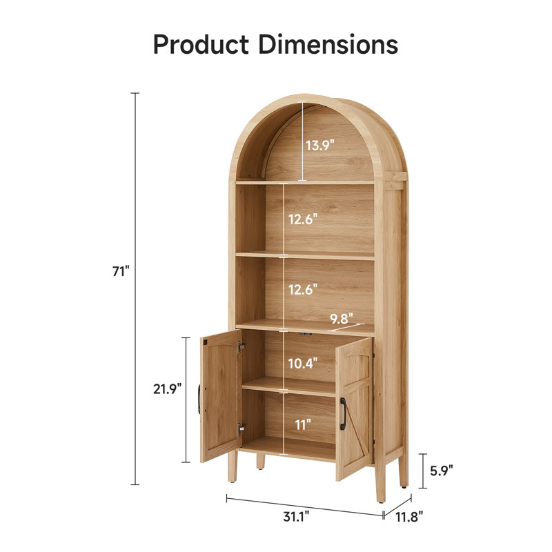 71” Tall Arched Display Storage Bookcase With Open Shelves And Cabinet, Oak