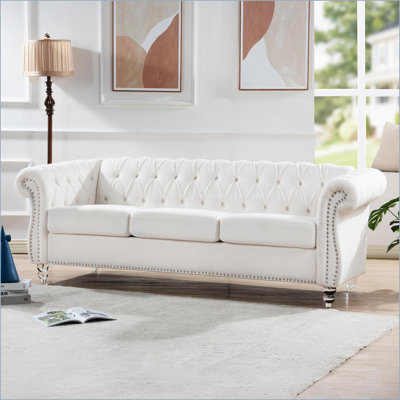 Sofas | 84.65'' Rolled Arm Chesterfield 3-Seater Teddy Velvet Sofa | Ivory | Polyester