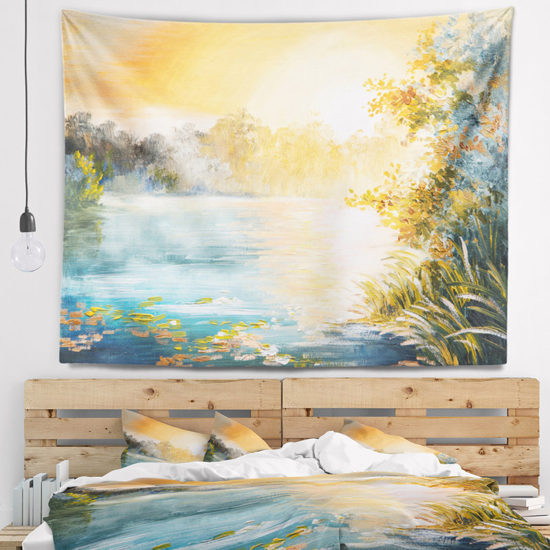 Paysage coucher de soleil sur la tapisserie du lac, H 32 po x l 39 po