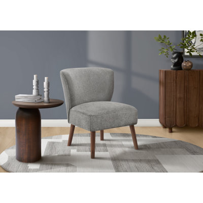 Chaise d'appoint, H 33 po, rembourrée, salon, chambre à coucher, tissu gris clair, pieds en bois de noyer massif, style Mid-Century, moderne