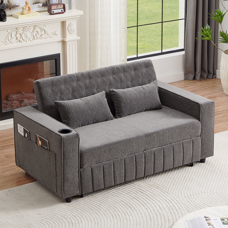  Canapé-lit convertible capitonné 61,4 po avec ports USB et porte-gobelets, Gris
