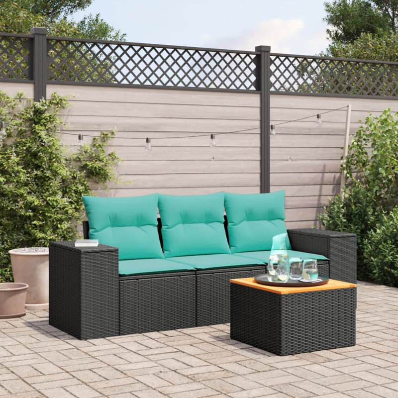  Ensemble de canapé de patio 4 pièces avec coussins en rotin de polyester noir
