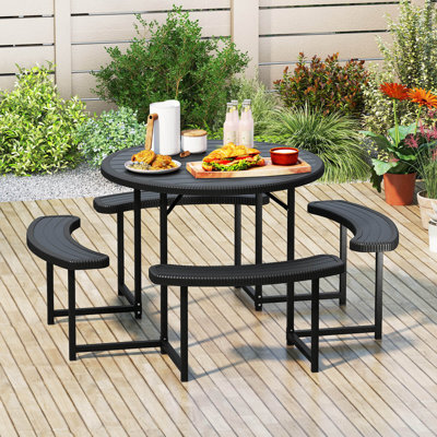 Ensemble de banc de table rond avec 4 bancs et parasol