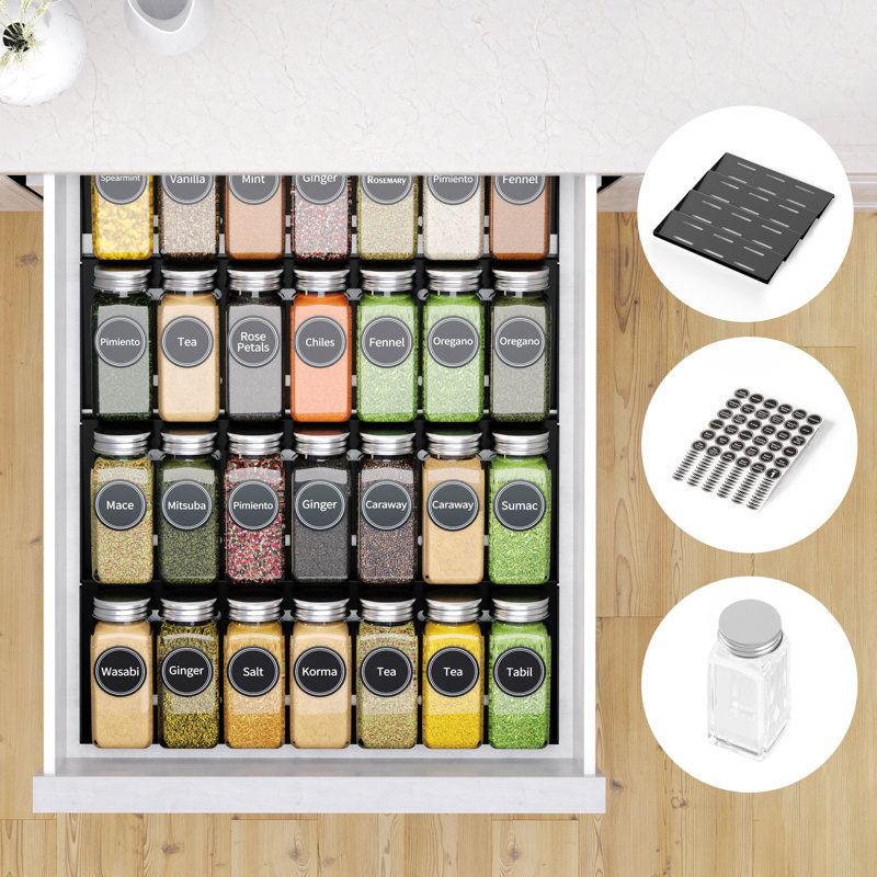 Black 4-Tier Wooden Spice Drawer Organizer with Glass Jars
