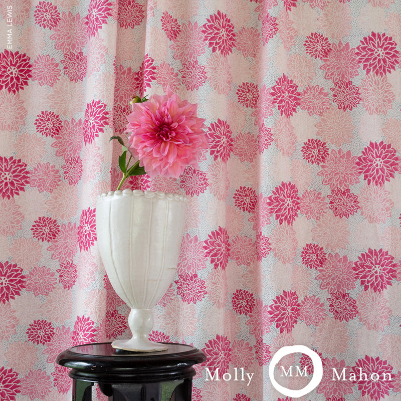 Schumacher x Molly Mahon Dahlia Hand Block Print Fabric, Hot Pink