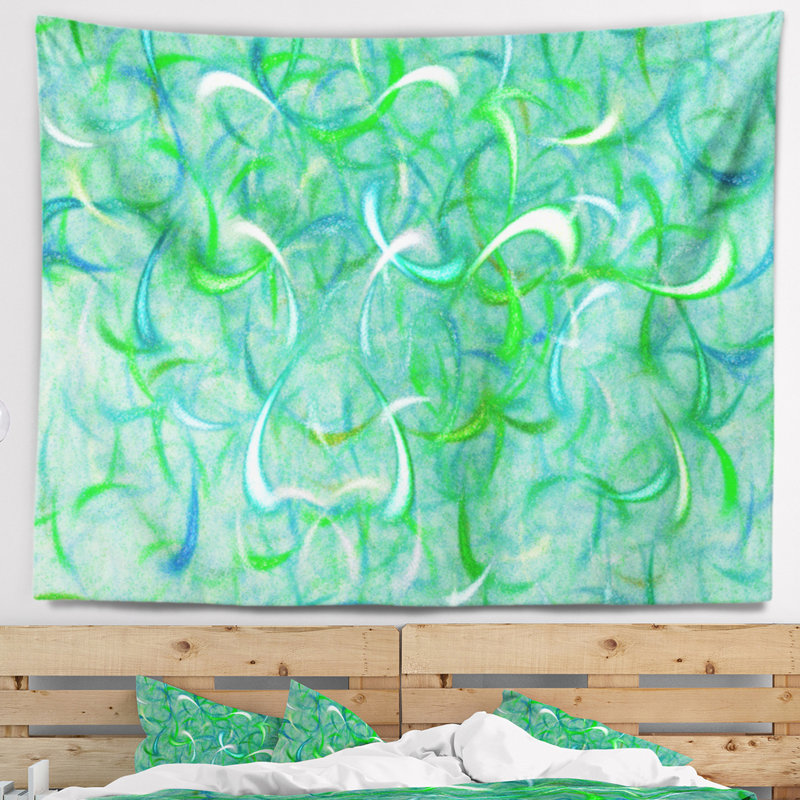 Tapisserie abstraite en motif fractal aquarelle vert, H 32 po x l 39 po