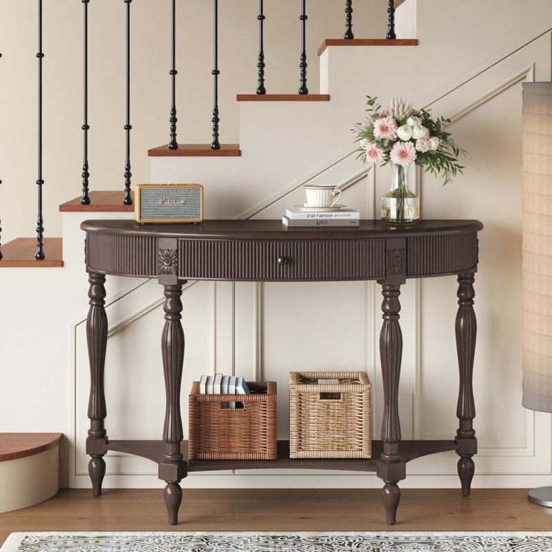 Console demi-lune avec tiroir et tablette, Deep Rustic Brown, Deep Rustic Brown, Brun rustique profond