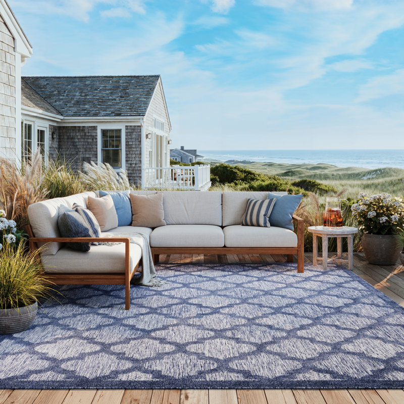 Adianey Red Barrel Studio Easy Care Trellis Denim Blue Indoor/Outdoor Area Rug, Rectangle 7' x 10'