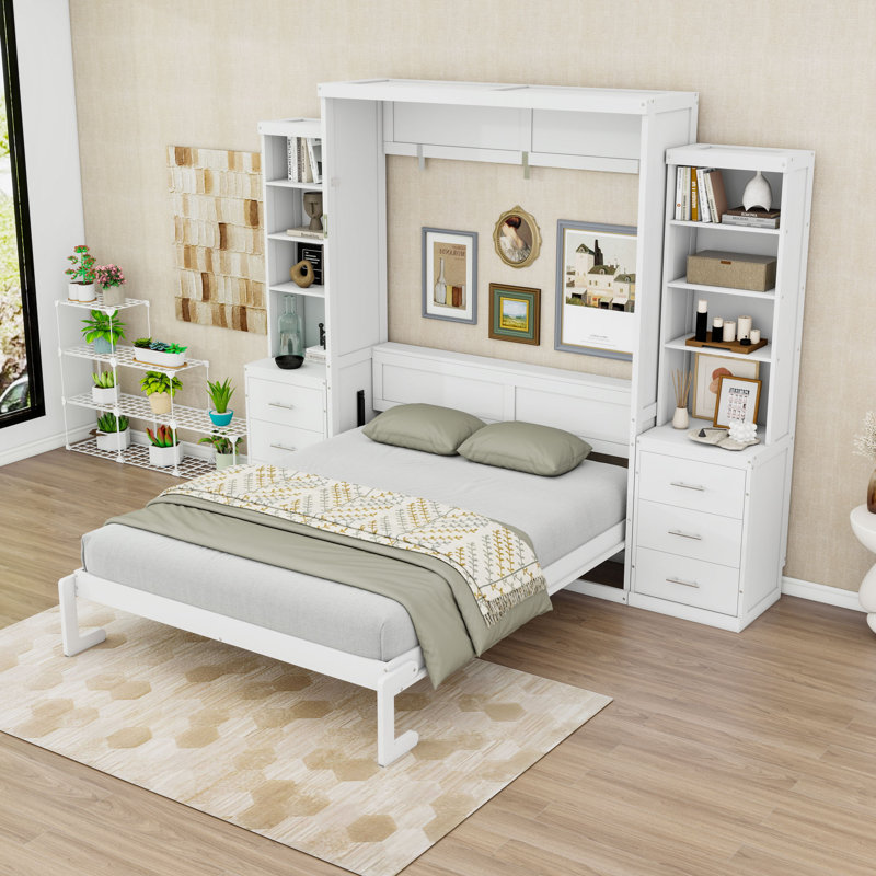 Lit escamotable en bois peu encombrant avec plusieurs tablettes et tiroirs, Queen, Blanc