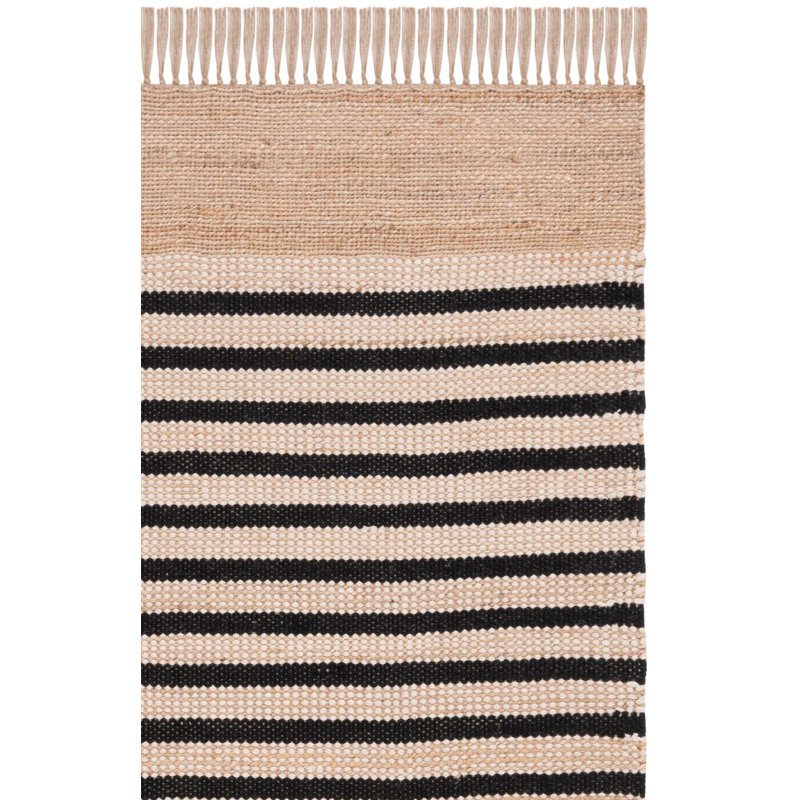 Kolyu Natural Fiber Handwoven Jute Cotton Striped Rug in Natural/Black, Rectangle 5' x 8'