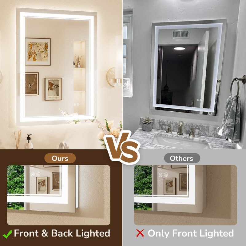 Frontlit and Backlit LED Bathroom vantiy Mirror,3 Color Dimmable Light & Anti-fog Tempered Glass mirror, Rectangle, 44" x 36"