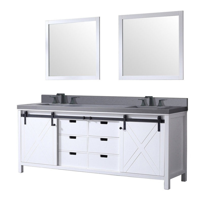 Meuble-lavabo blanc avec comptoir en quartz gris Robinet à large entraxe avec miroir double