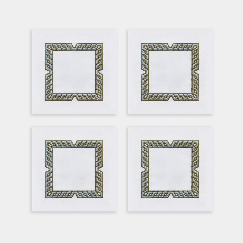 Aegean Key Embroidered Linen Cocktail Napkin