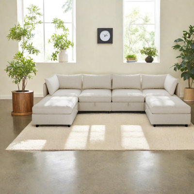 Beige Modular Sectionals With Storage, Chenille Fabric, Modern Lounge For Home
