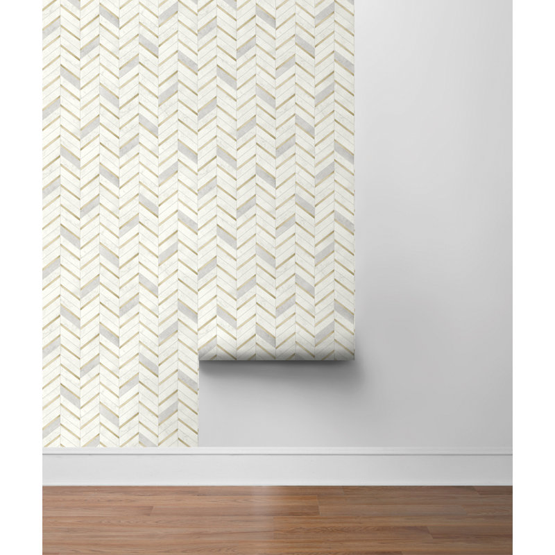 Cachet Marble Tile 18' L x 20.5'' W Peel and Stick Wallpaper Roll, Metallic Gold & Pearl Grey, 33' L x 20.5" W