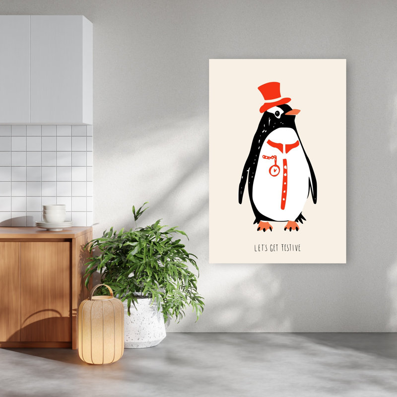 Dapper Festive Penguin Elegant Whimsical Contemporary Bird Penguin Winter Wall Art Print 1 Piece Wrapped Canvas Wall Art