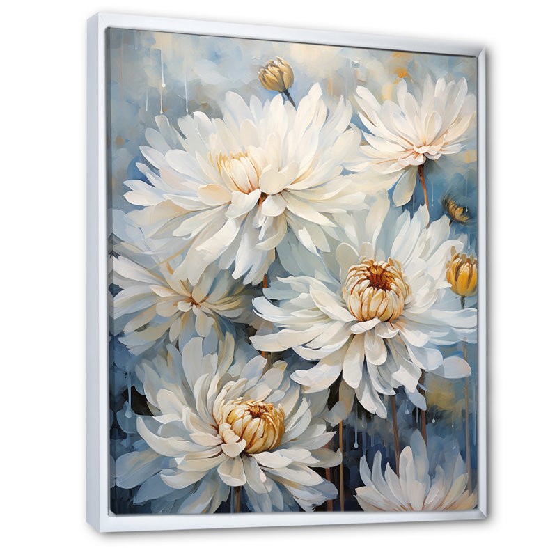 «White and Blue Chrysanthemums V» sur impression sur toile, H 32 po x l 16 po, Cadre flottant blanc