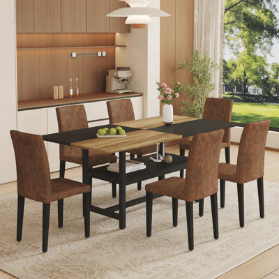 Table and chair set.71*35.4 inch Wooden And Black Spliced Dining Table With Storage Function In The Middle Of The Table Legs.Paired With Brown Technology Fabric Dining Chairs, Simple and Versatile