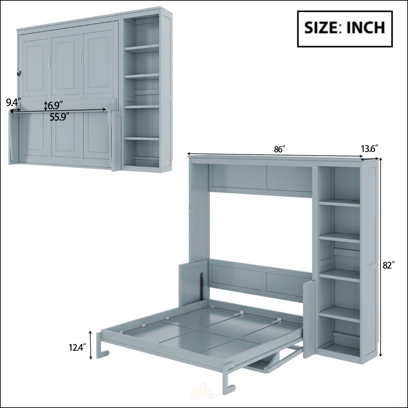Lit escamotable double avec bureau et bibliothèque, Gris, Double