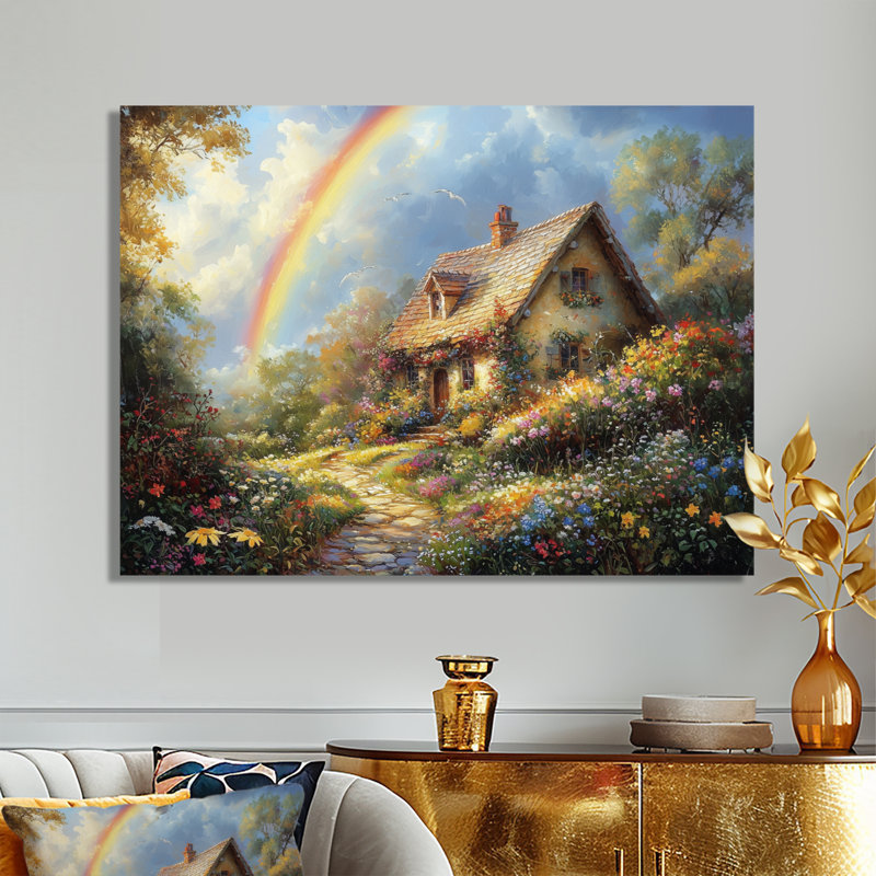 Rainbow Over The Cottage Garden II - art mural arc-en-ciel, H 16 po x l 32 po, Toile tendue