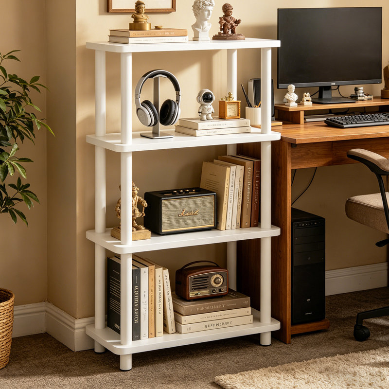 4-Tier Open Shelf Standard Bookcase, Freestanding Industrial Storage Bookshelf for Living Room Home Office, White