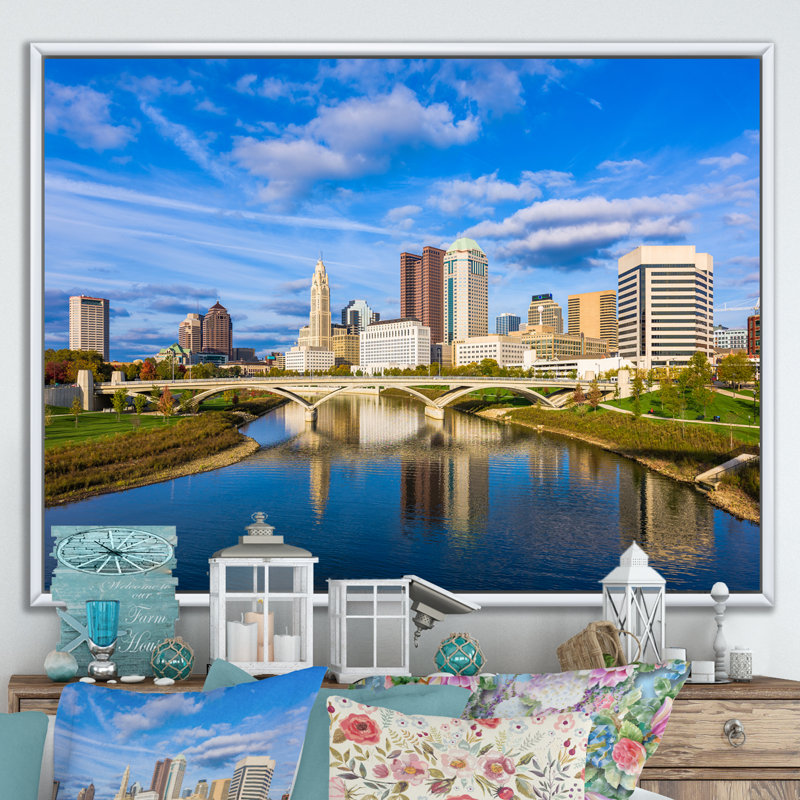 «Columbus Ohio Skyline - Cityscapes Wall Art Living Room», H 30 po x l 40 po x P 1,5 po, Cadre flottant blanc