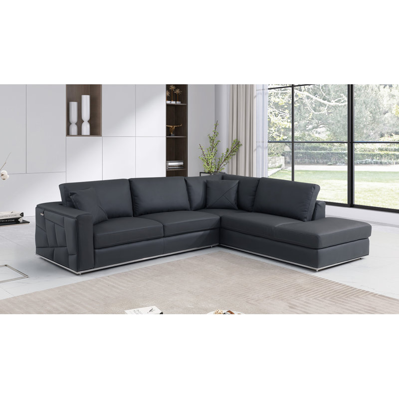 Palombo Genuine Top Grain Italian Leather Sectional, Dark Gray, Left Hand Facing