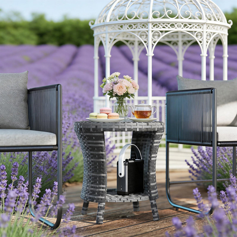 Outdoor Side Table With Hourglass Design, Dual-Tier Storage, And Weather-Resistant Composite Top For Patio Use.