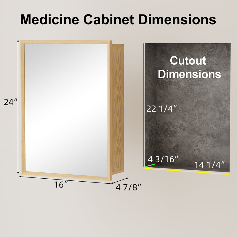 16" W X 24" H Beveled Edge Light Oak Finish Wood Medicine Cabinet with Mirror, Adjustable Shelves, Soft-Close Hinges and Reversible Door, Wall-Mount or Recessed for Makeup, Shaving or Bathroom Vanity Storage