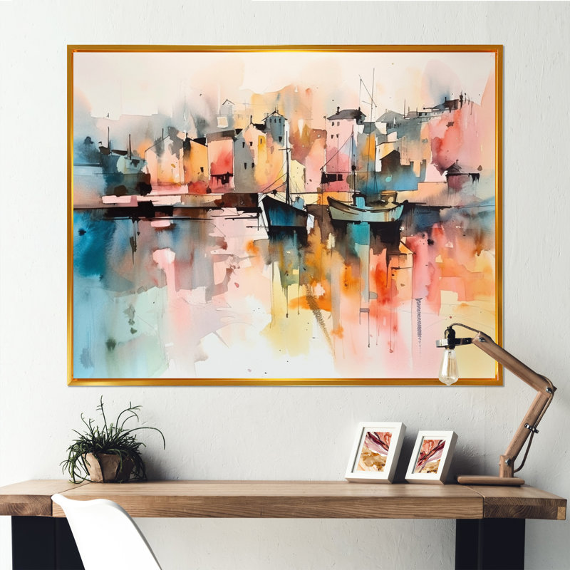 «Orange and Yellow Harbor Reflections», reproduction sur toile encadrée, Or, H 30 po x l 40 po x P 1,5 po